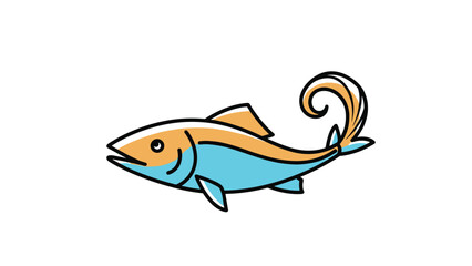 Fototapeta premium Friendly looking fish with a curved tail is rendered in bright orange and blue colors on a clean white background.