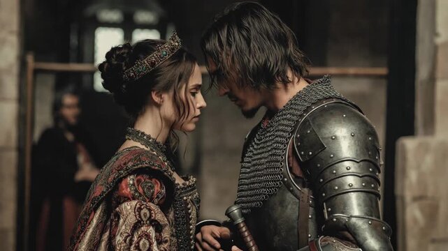 Medieval couple in ornate attire standing close in dramatic style on stone interior background, concept of historical romance