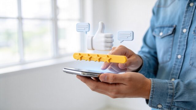 Customer satisfaction rating feedback concept with five star review and thumbs up icon on smartphone,online reputation management and client experience evaluation