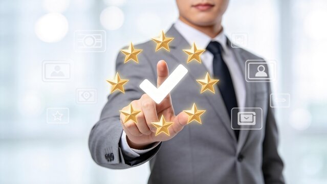 Businessman selecting five star rating with check mark icon,quality assurance and customer satisfaction feedback concept for corporate evaluation and service excellence
