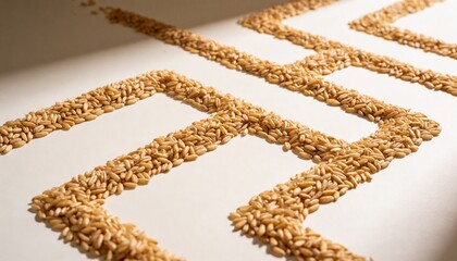 Obraz premium Arranging rows of wheat kernels forming chevron bands on pale sheet, warm light showing texture