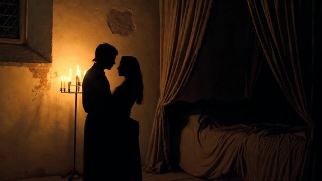 Two people shown as a silhouette kissing beside warm candlelight in a dim rustic room background, evoking a romantic concept