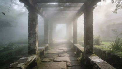 Naklejka premium Leading centered stone pergola walkway stretching into mist at garden, showing pillars, benches