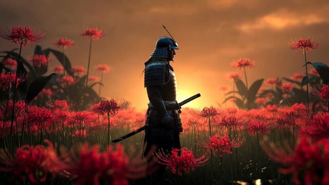 Silhouetted samurai in red spider lilies with cinematic lighting on a sunset background, evoking solitude