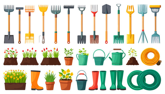 Gardening tools and equipment set.