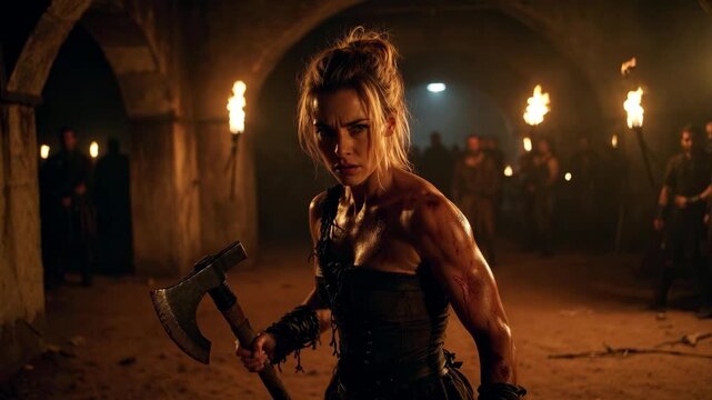 Strong warrior woman holding axe in gritty cinematic style on dark dungeon background, concept of strength and survival