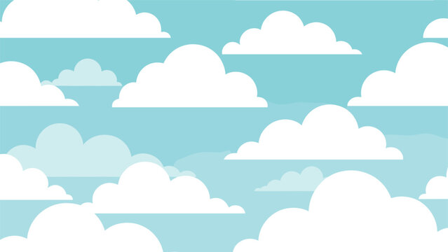 Simple seamless pattern of various white cloud shapes on a light blue sky background for fresh and airy design.