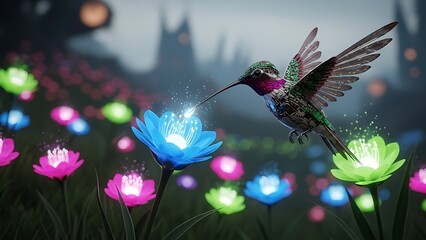 Fototapeta premium Hummingbird approaches vibrant glowing flowers in dreamy illustration