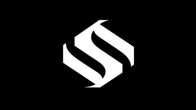 Abstract modern white geometric design resembling a stylized S or flowing ribbon in a hexagonal shape on black.