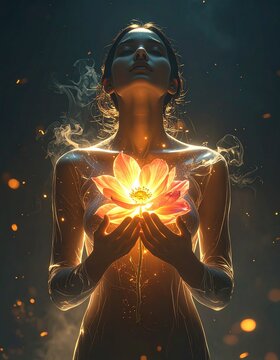 Ethereal female silhouette with glowing lotus flower in chest, concept of spiritual awakening and inner energy balance