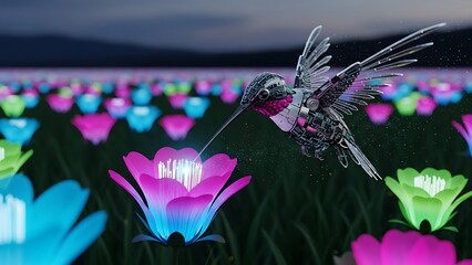 Fototapeta premium Hummingbird hovering above glowing flowers in a vibrant meadow at night