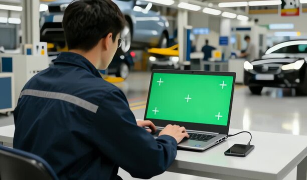 A technician in a clean industrial setting carefully operates a workstation with a bright display, monitoring controls and diagnostics as parts prepare for testing and quality assurance, 4K and HD