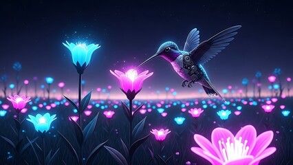 Fototapeta premium Hummingbird hovering near glowing flowers in a vibrant fantasy landscape
