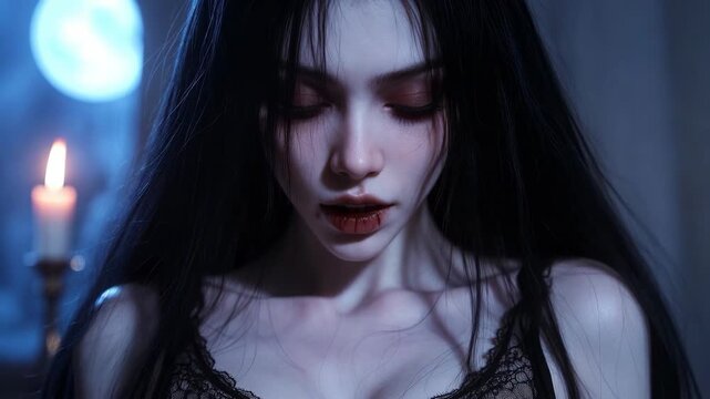 Gothic woman with pale face in realistic style against candle and moon backdrop, conveying dark mystery concept