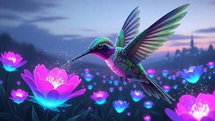 Fototapeta premium Hummingbird hovering over glowing flowers in fantasy landscape illustration