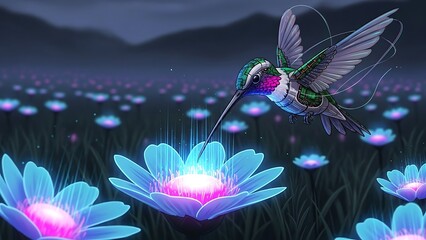 Fototapeta premium Hummingbird hovering over glowing flowers against a dark dreamy background
