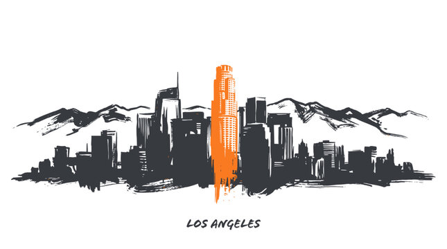A stylized, monochromatic silhouette of the Los Angeles skyline with a single, vibrant orange skyscraper standing out against a backdrop of dark, jagged mountains.