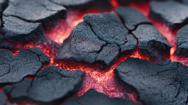 Hot coals glow beneath cracked black surfaces