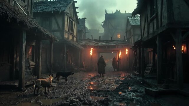 Medieval muddy alley with figures, torches and dogs in realistic style on dark village backdrop, concept of historical atmosphere