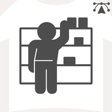 Merchandiser man at shelves with goods solid icon, market concept. Vector graphics. Worker sign and editable stroke, glyph style icon for mobile or web design.