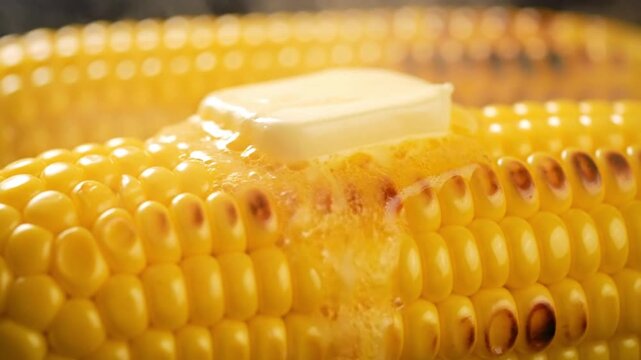 Close-up of grilled corn on the cob with melting butter in golden light