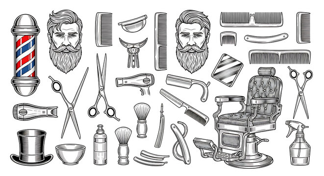 Barbershop tools and equipment set isolated on white background
