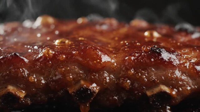 Close-up of glazed ribs with a caramelized brown sauce glistening on a dark background