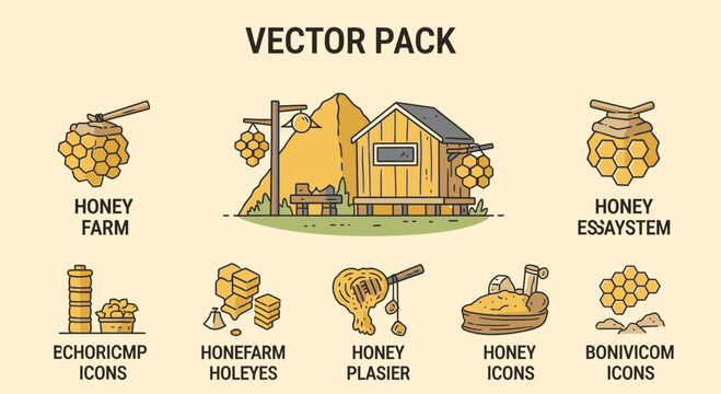 Honeycomb and beekeeping tools vector icons.