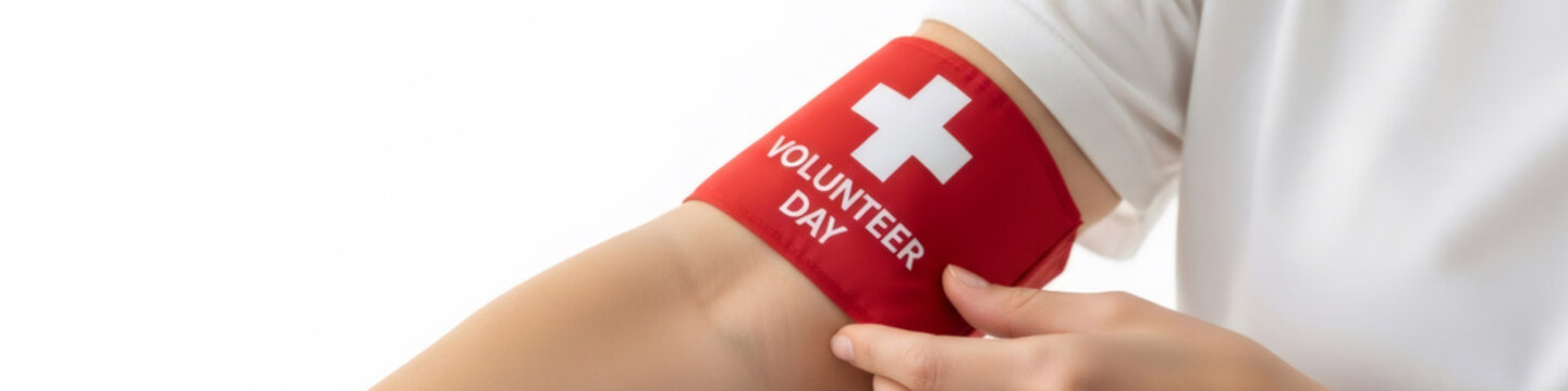 Woman wearing a red armband with volunteer day text.