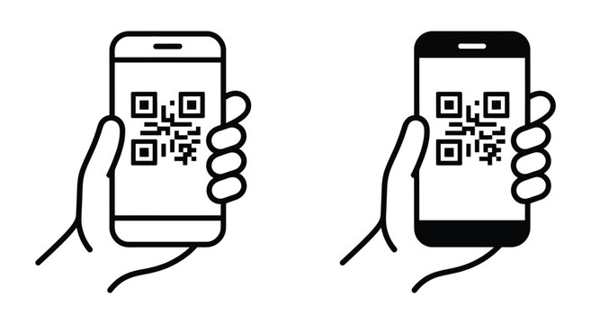 QR code mobile scanning icon, clean vector symbol representing mobile QR code reader, digital scanning, and connectivity, simple outline and flat style for UI, e-commerce