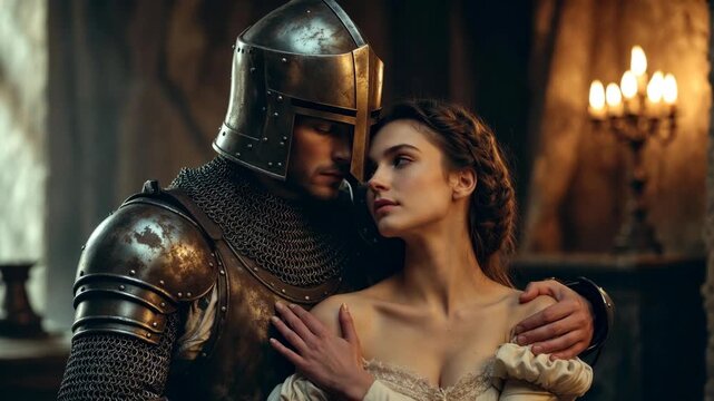 Romantic knight holding woman in detailed cinematic style on warm castle background, symbolizing devotion and timeless love
