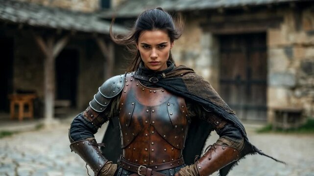 Female warrior in medieval leather armor in photorealistic style on rustic stone courtyard background, concept of strength and determination