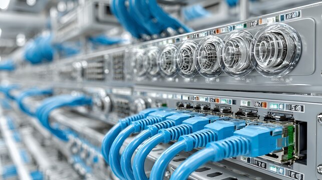 Close-Up View of Data Center Rack with Blue Ethernet Cables and Connectors