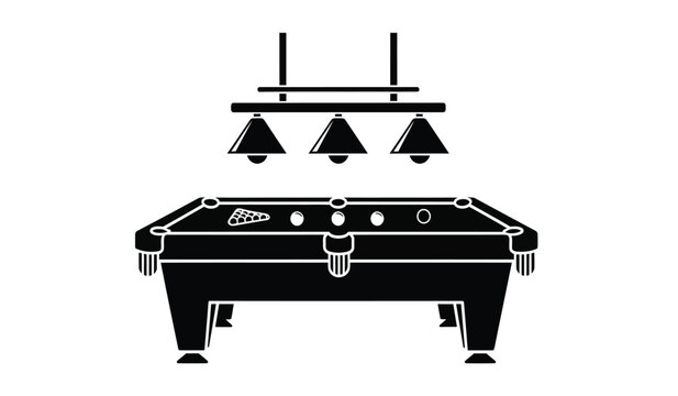 Silhouette of a pool table with billiard balls and hanging lamps