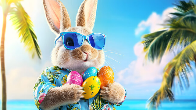 A bunny in a bright Hawaiian shirt and sunglasses sits next to Easter eggs on a sandy tropical beach in the sunlight, creating a creative summer composition and a relaxing atmosphere
