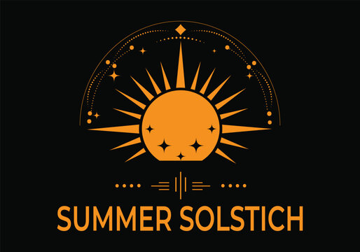 Orange sun with stars and text summer solstice on black