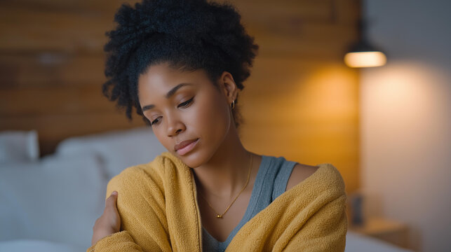 Partner supports woman through postpartum anxiety attack, gentle touch on shoulder, bedroom intimacy and mental health support, ideal for therapy marketing and modern maternal wellness theme