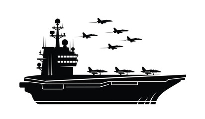 Silhouette of aircraft carrier with fighter jets taking off and landing © Lsg 21