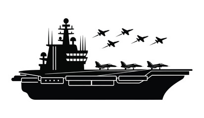 Silhouette of aircraft carrier with planes taking off military naval vessel silhouette © Lsg 21