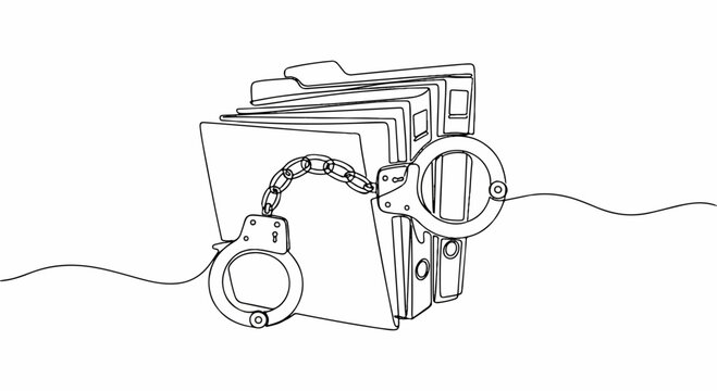 Handcuffs chained to bound documents symbolizing restriction limitation and data security