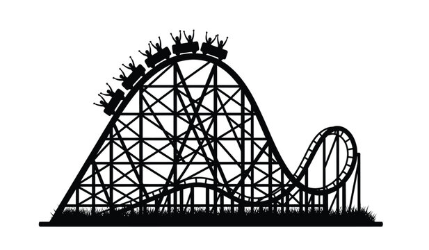Silhouette of a large roller coaster with riders on a white background