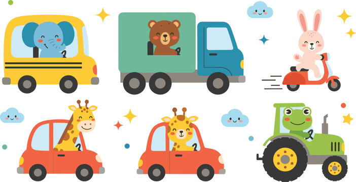 Cute animals driving vehicles vector set with giraffe, rabbit, elephant, bear and frog in cars, truck and tractor cartoon illustration