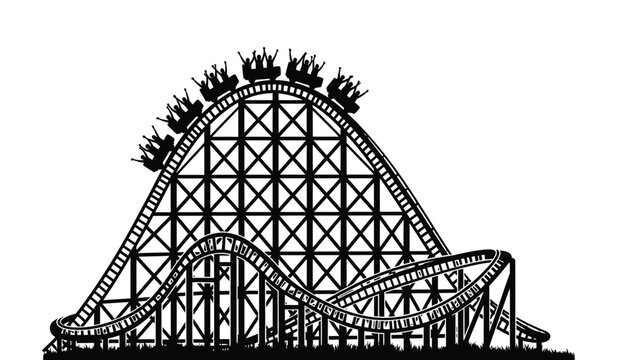 Silhouette of a classic wooden roller coaster with riders on top of a hill