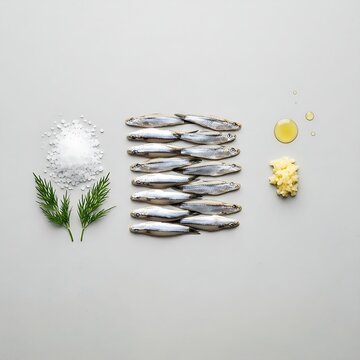 Minimalist triptych of salt, dill, fresh anchovies or smelts, crushed garlic, and olive oil droplets, representing marinated fish ingredients.
