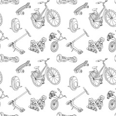 Monochrome outline seamless pattern with bicycle, scooter and skateboard. Linear eco city transport background for sport textile, rental wallpaper or wrapping paper. Isolated graphics © Svetlana