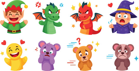 Fototapeta premium Cute fantasy characters and emotions set with elf, dragons, wizard and animals, cartoon mascot expressions collection vector illustration bundle