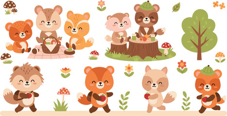 Fototapeta premium Cute forest animals vector set with bears, foxes, picnic scene and woodland nature elements adorable cartoon illustration collection