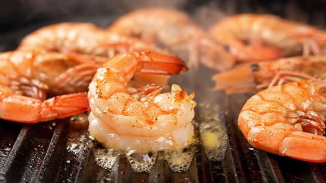 Succulent shrimp sizzling on a grill with melted butter and seasonings.