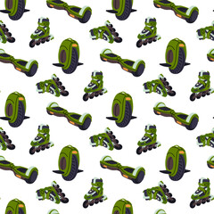 Flat seamless pattern with green hoverboard, roller skates and monowheel. Eco-friendly modern city transport and active lifestyle background for textile or wallpaper. seamless texture graphics © Svetlana