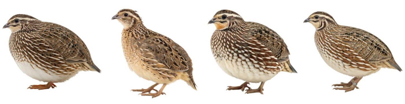 Four distinct northern bobwhite quails showcasing their unique plumage and natural poses.